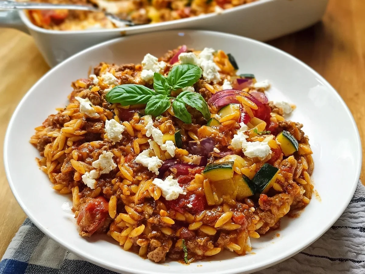 Herzhafter Kritharaki Auflauf mit Hackfleisch und Feta - Beitragsbild