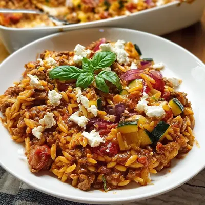 Herzhafter Kritharaki Auflauf mit Hackfleisch und Feta
