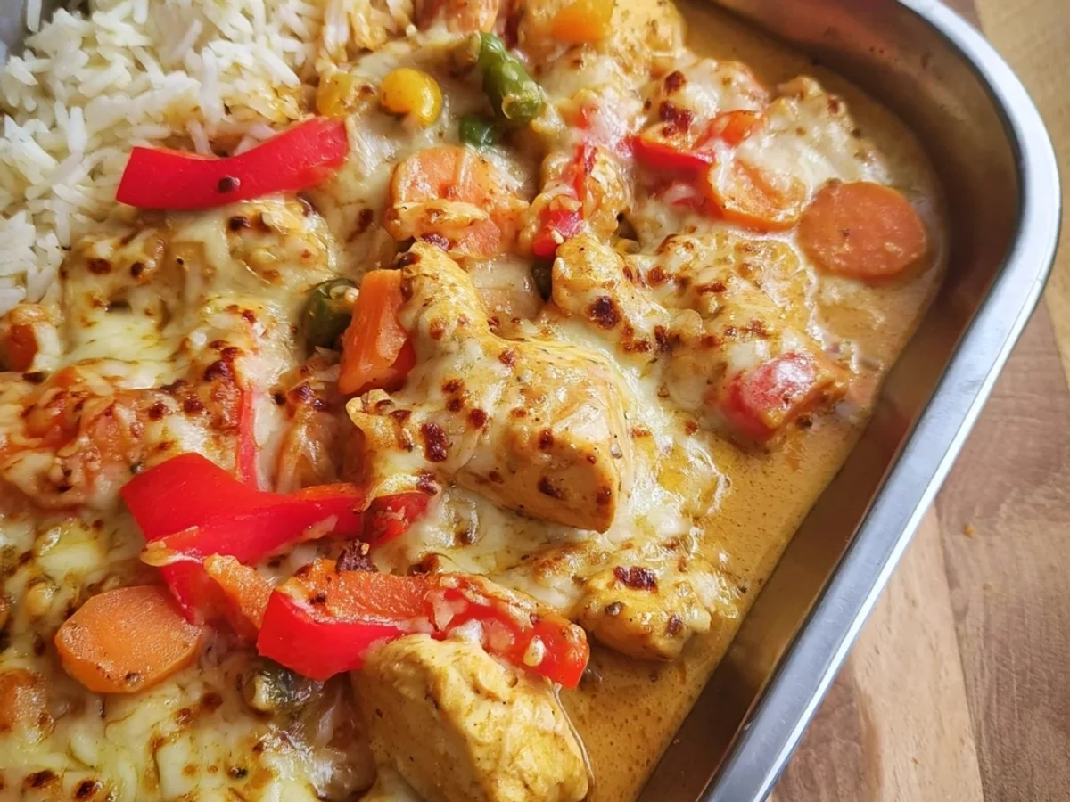 Hähnchen Curry Auflauf: Cremig, würzig & einfach - Beitragsbild