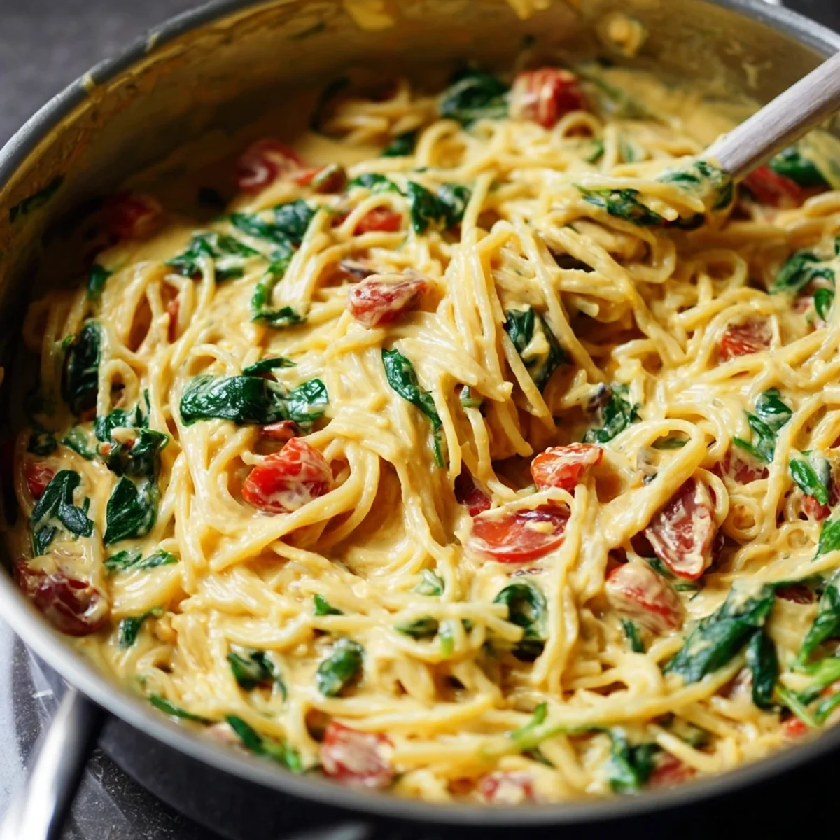 Hummus Pasta mit Spinat & Tomaten Schnell & Vegan