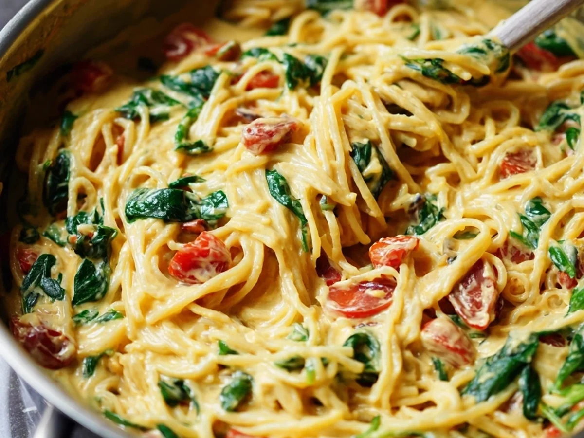 Hummus Pasta mit Spinat & Tomaten Schnell & Vegan - Beitragsbild