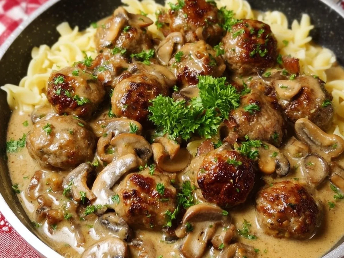 Jägerklösschen mit Champignons: Einfaches Hackbällchen Rezept - Beitragsbild