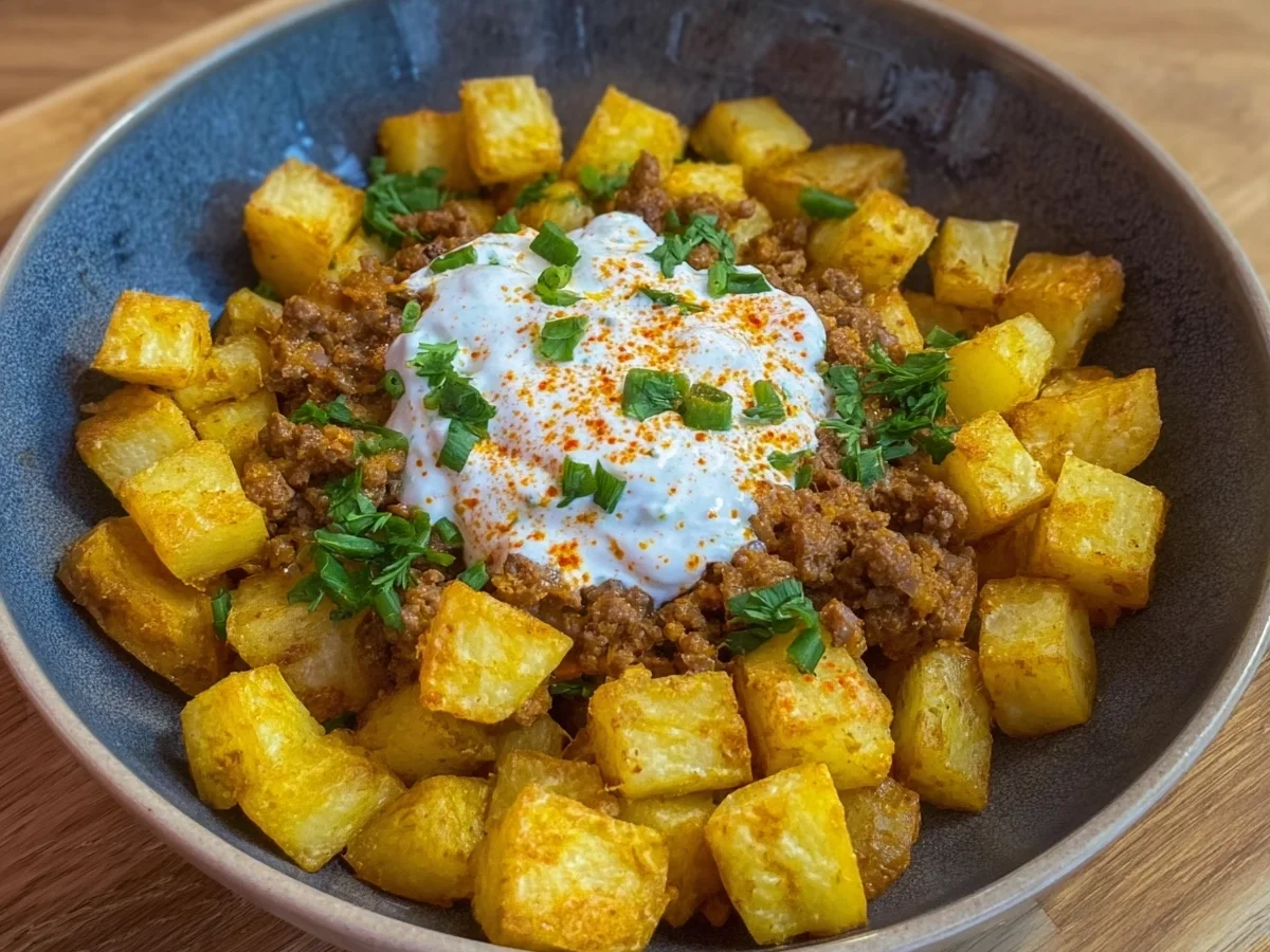 Knusprige Kartoffeln mit Hackfleisch & Knoblauchjoghurt - Beitragsbild