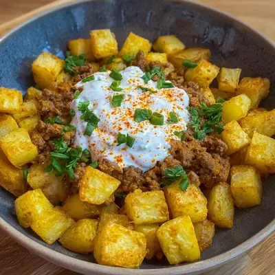 Knusprige Kartoffeln mit Hackfleisch & Knoblauchjoghurt
