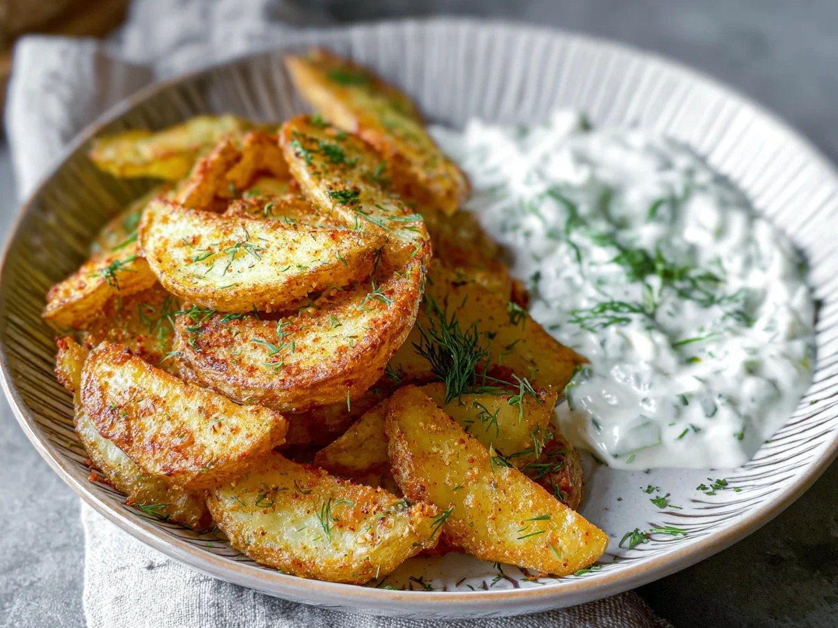 Knusprige Kartoffelspalten mit frischem Gurkendip - Beitragsbild