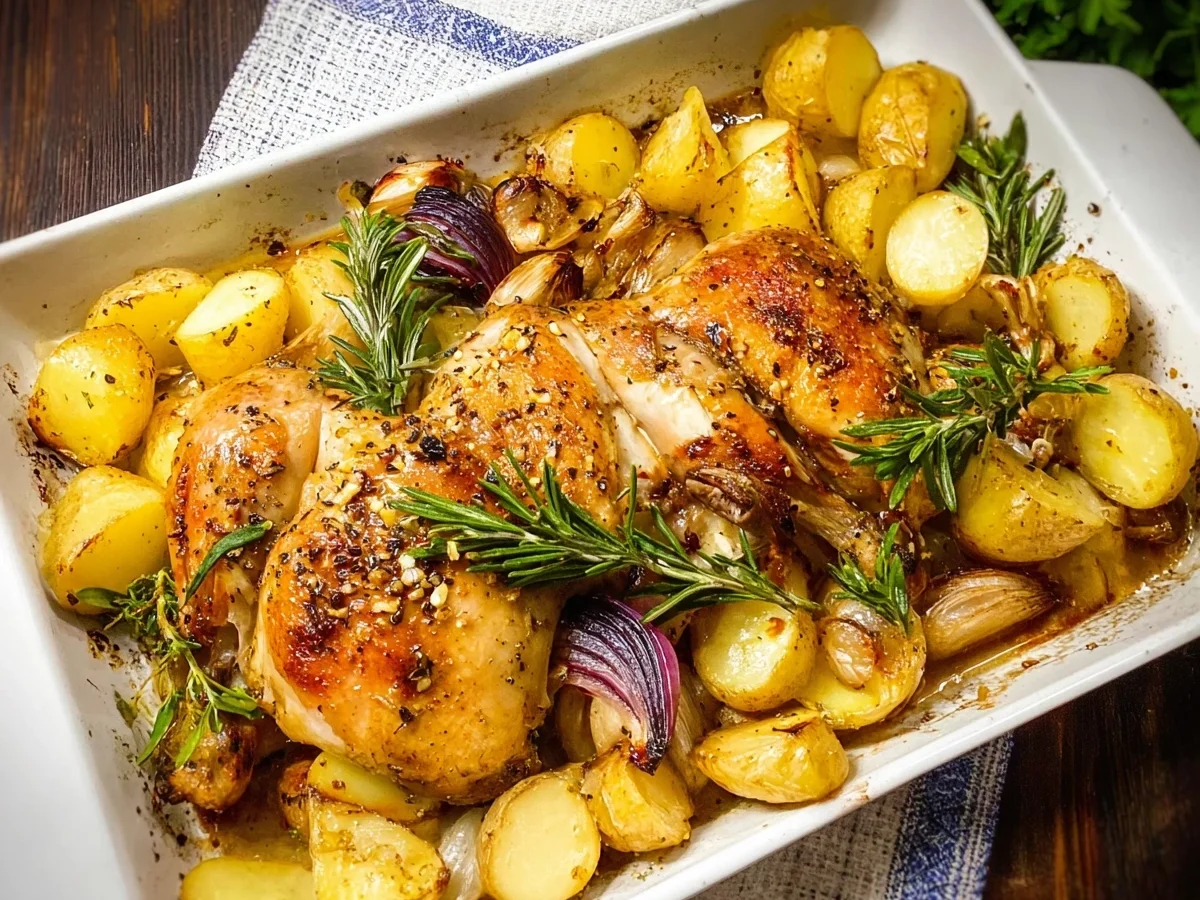 Knuspriges Hähnchen mit Kartoffeln aus dem Ofen - Beitragsbild