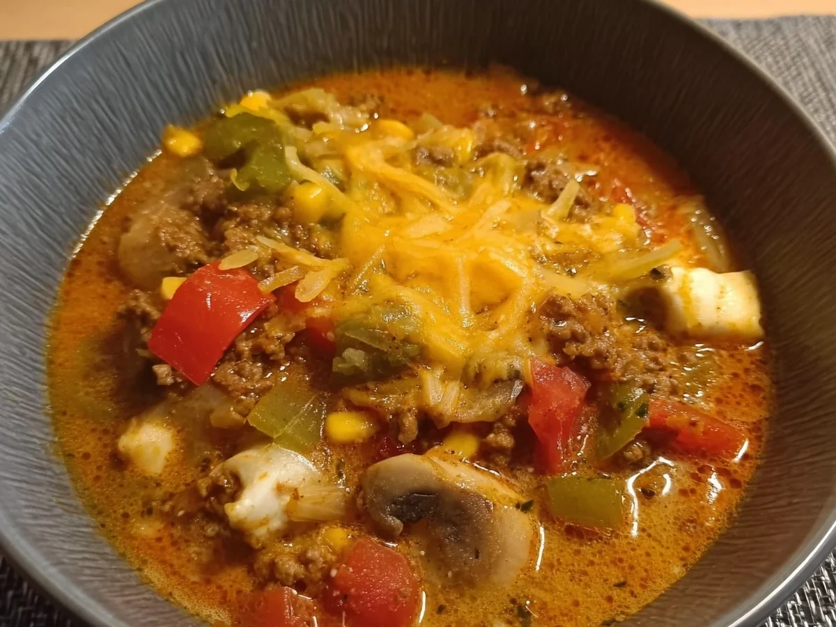 Low-Carb Pizzasuppe mit Hackfleisch: Schnell & Einfach - Beitragsbild