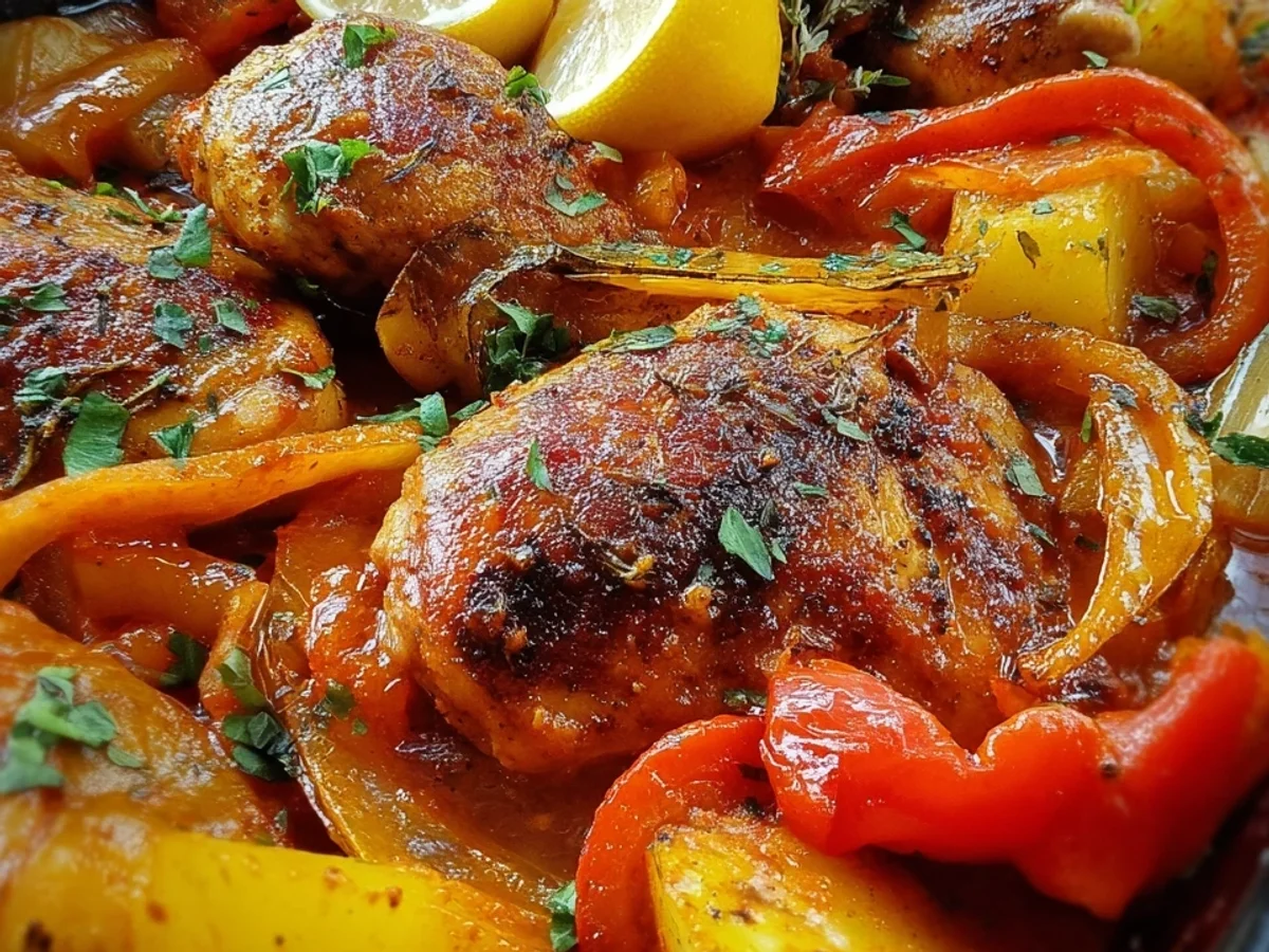 Ofenhähnchen mit Kartoffeln, Paprika & Lauch in Tomatensoße - Beitragsbild