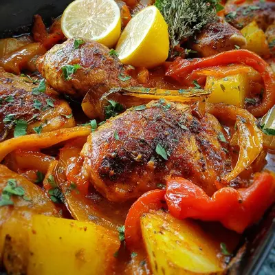 Ofenhähnchen mit Kartoffeln, Paprika & Lauch in Tomatensoße