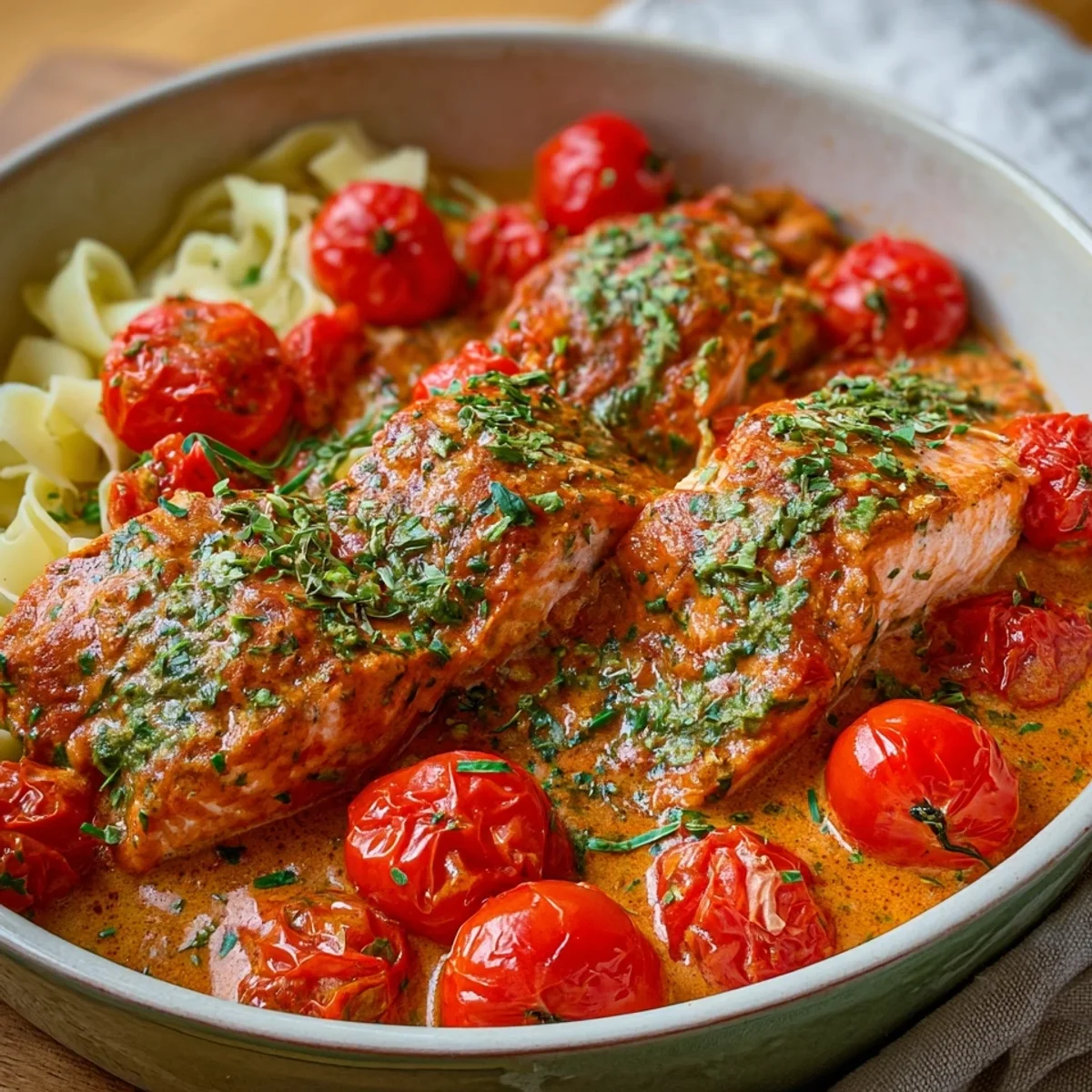 Ofenlachs in cremiger Tomaten-Sahnesoße: Schnell & Lecker
