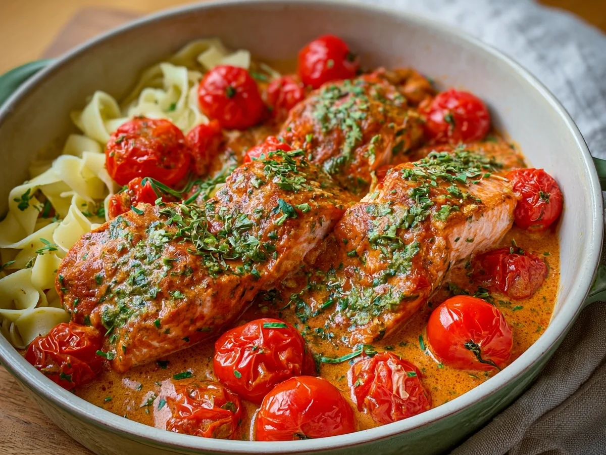 Ofenlachs in cremiger Tomaten-Sahnesoße: Schnell & Lecker - Beitragsbild
