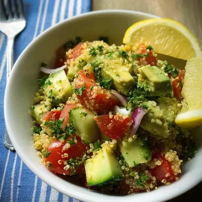 Quinoa Avocado Salat mit Tomaten & frischem Zitronendressing