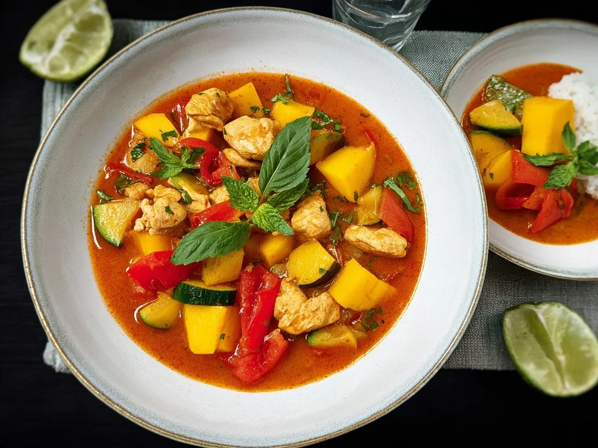 Rotes Thai-Hühnchen-Curry mit Mango - Beitragsbild