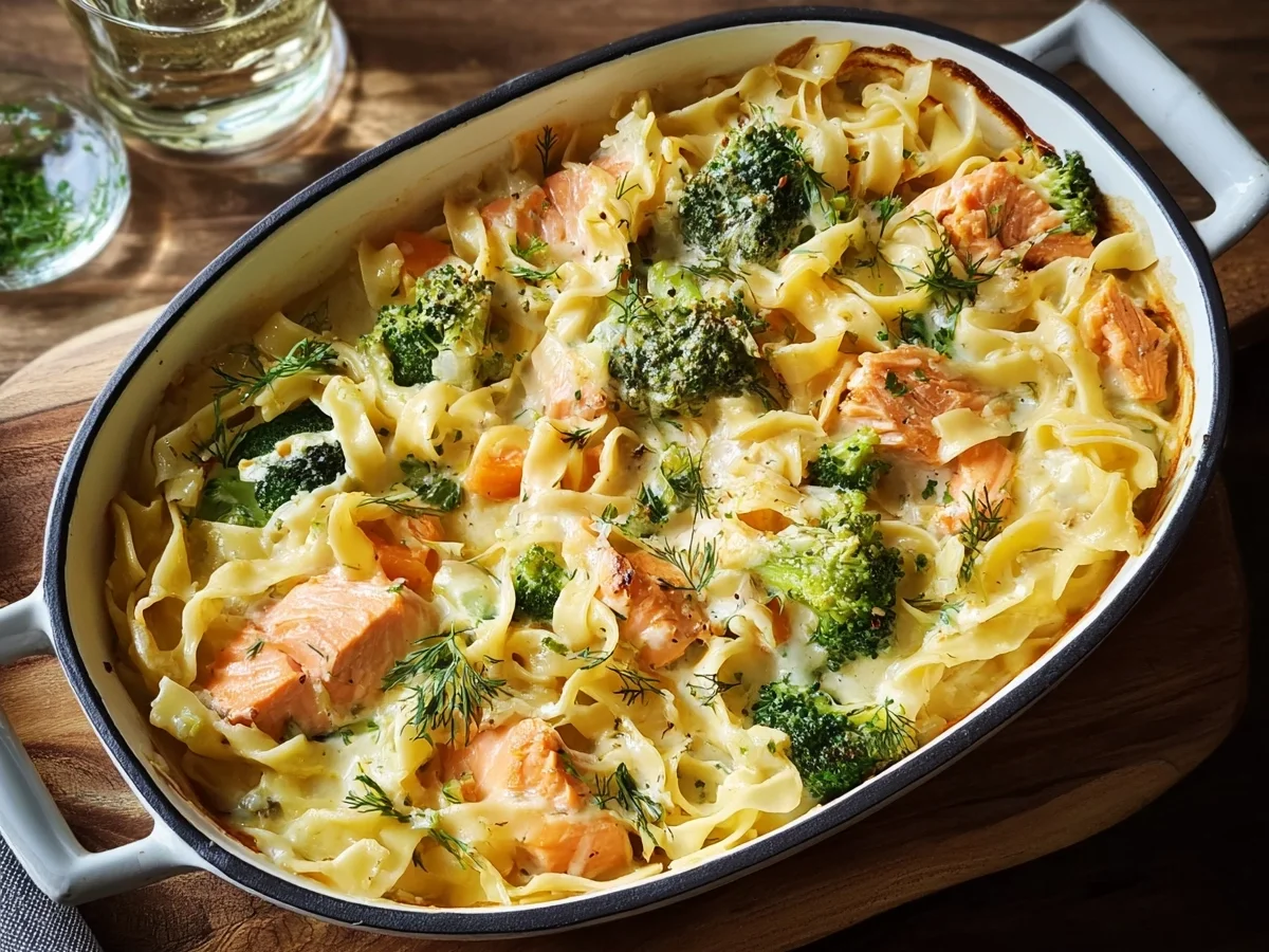 Sahniger Lachs-Brokkoli-Auflauf mit Bandnudeln - Beitragsbild