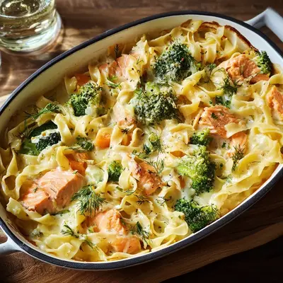 Sahniger Lachs-Brokkoli-Auflauf mit Bandnudeln