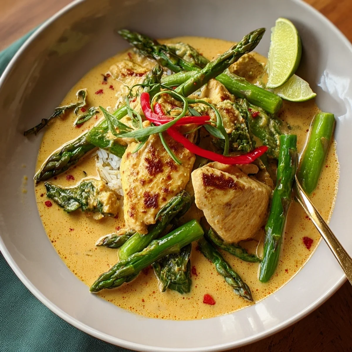 Scharfes Thai Curry-Huhn mit grünem Spargel