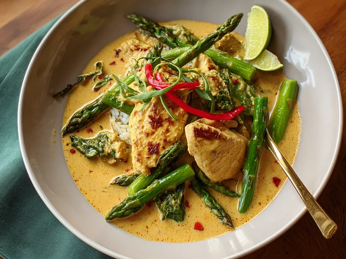 Scharfes Thai Curry-Huhn mit grünem Spargel - Beitragsbild