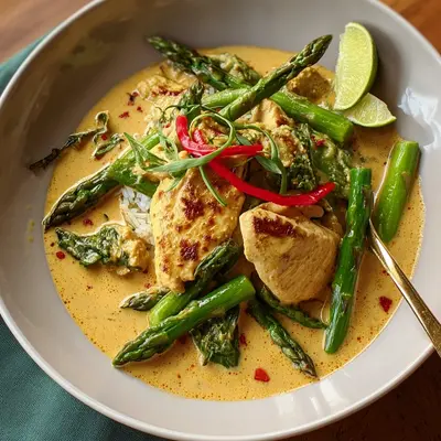 Scharfes Thai Curry-Huhn mit grünem Spargel