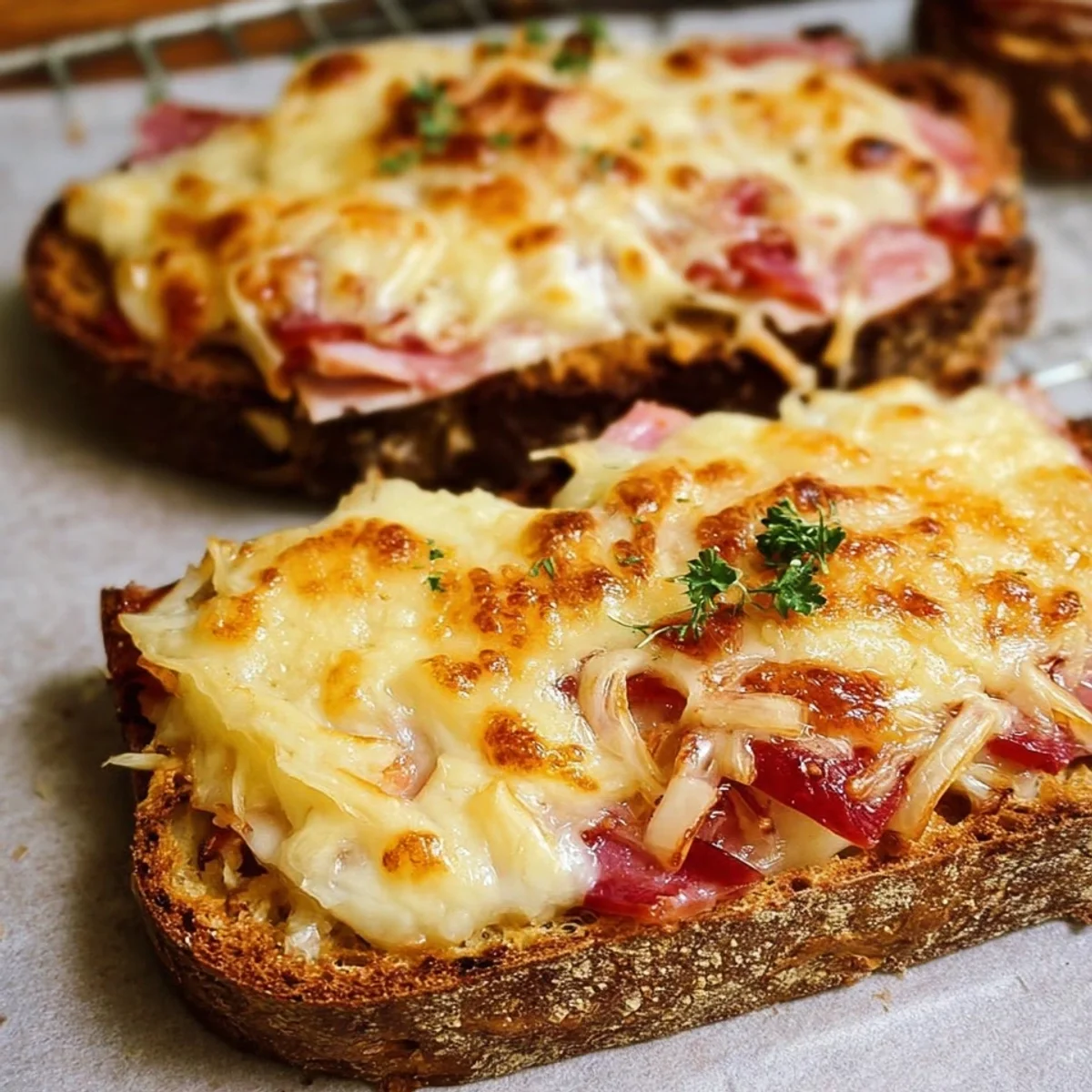Schnelle überbackene Brote mit Puten-Schinken & Käse