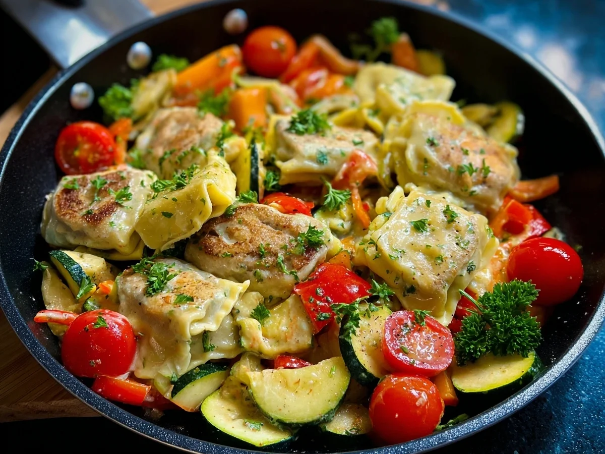 Schnelle Maultaschen-Pfanne mit frischem Gemüse - Beitragsbild