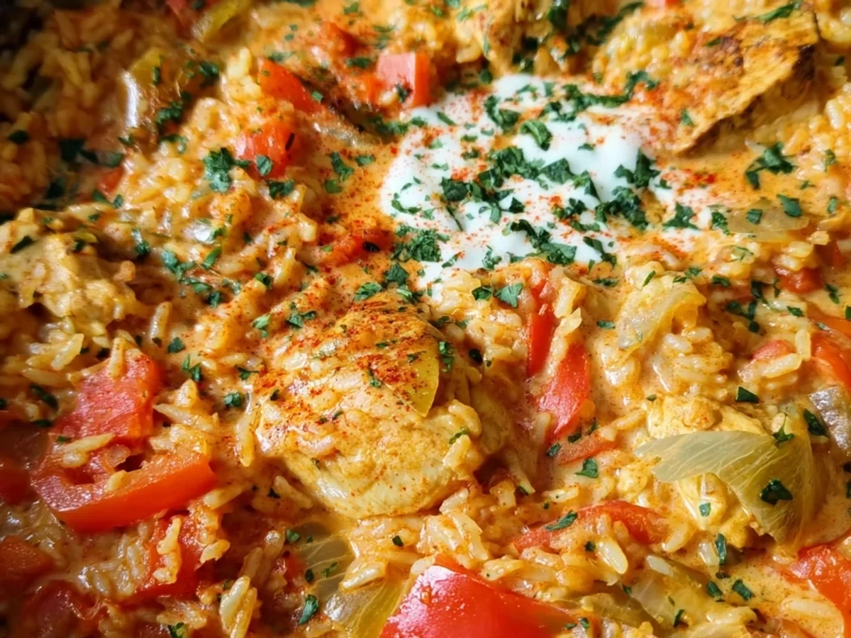 Schnelle Paprika-Hähnchen-Pfanne mit cremigem Reis - Beitragsbild