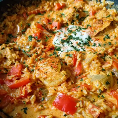 Schnelle Paprika-Hähnchen-Pfanne mit cremigem Reis