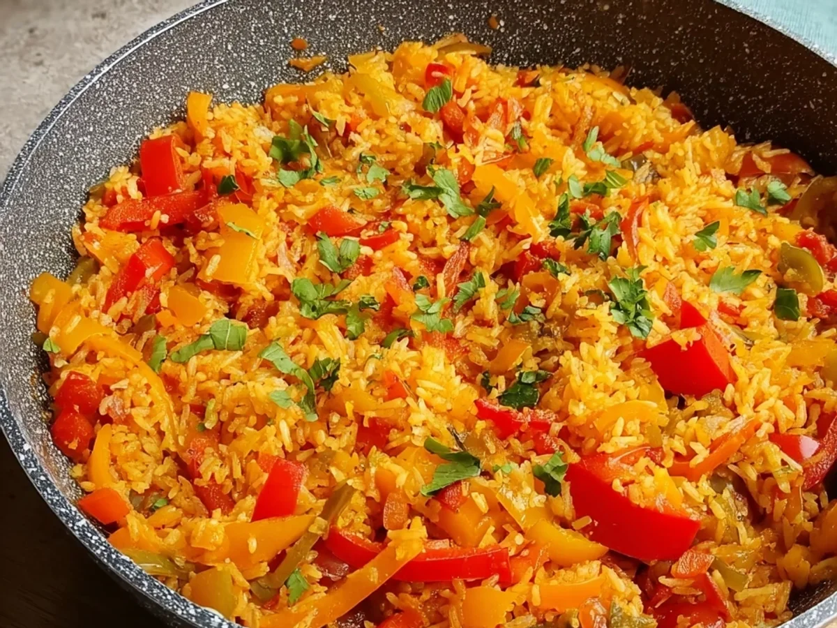 Schnelle Reispfanne mit Paprika Einfaches Familiengericht - Beitragsbild