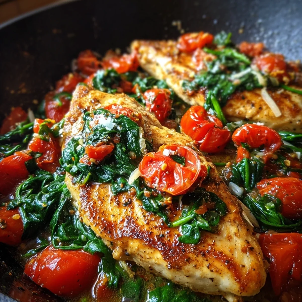 Schnelles Hähnchen mit Spinat, Parmesan & Tomaten
