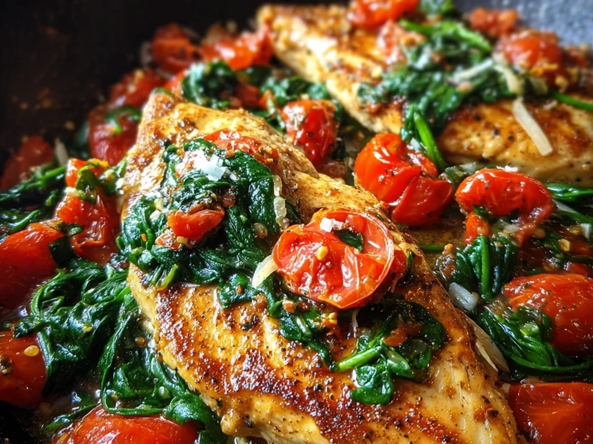 Schnelles Hähnchen mit Spinat, Parmesan & Tomaten - Beitragsbild