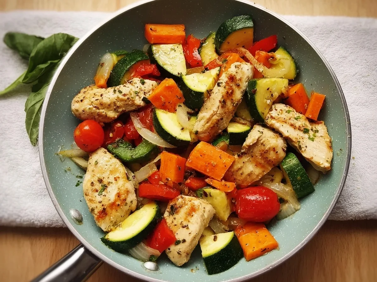Schnelles Pfannengemüse mit Hähnchen Proteinreich - Beitragsbild