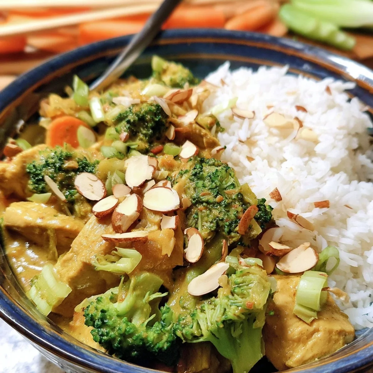 Schnelles Putencurry mit Brokkoli, Mandeln & Reis