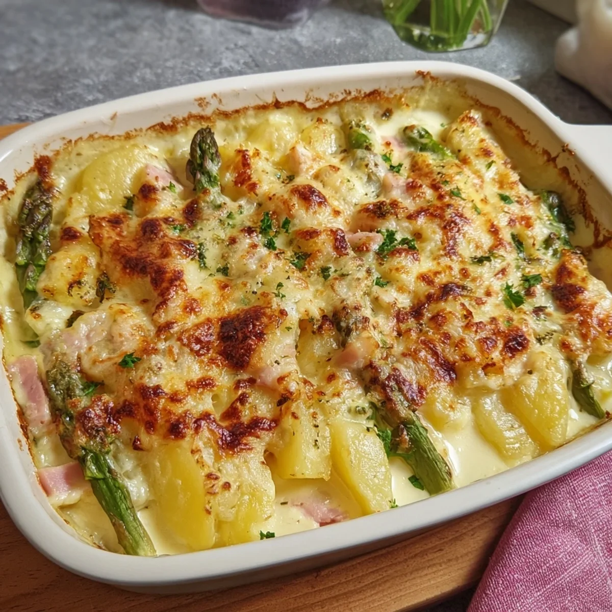 Spargelauflauf mit Kartoffeln & Truthahnschinken einfach