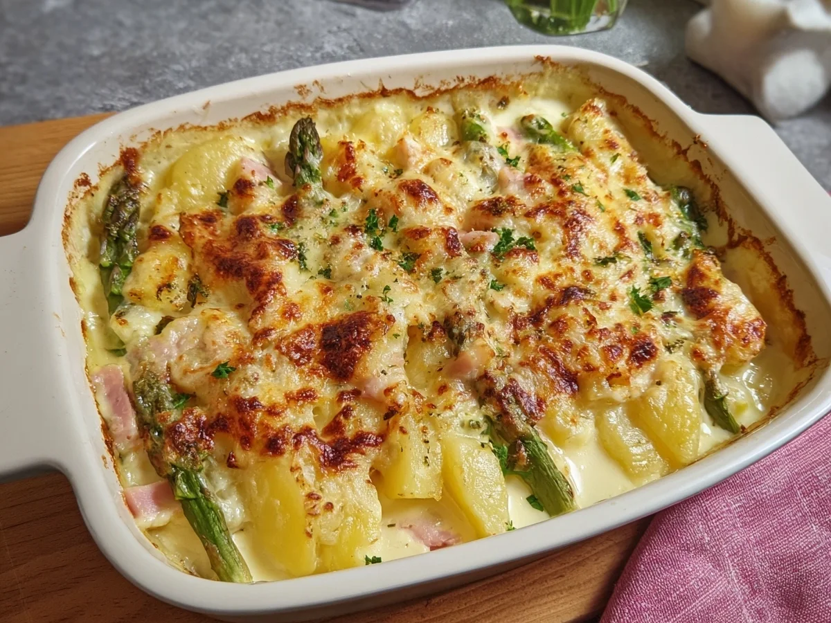 Spargelauflauf mit Kartoffeln & Truthahnschinken einfach - Beitragsbild