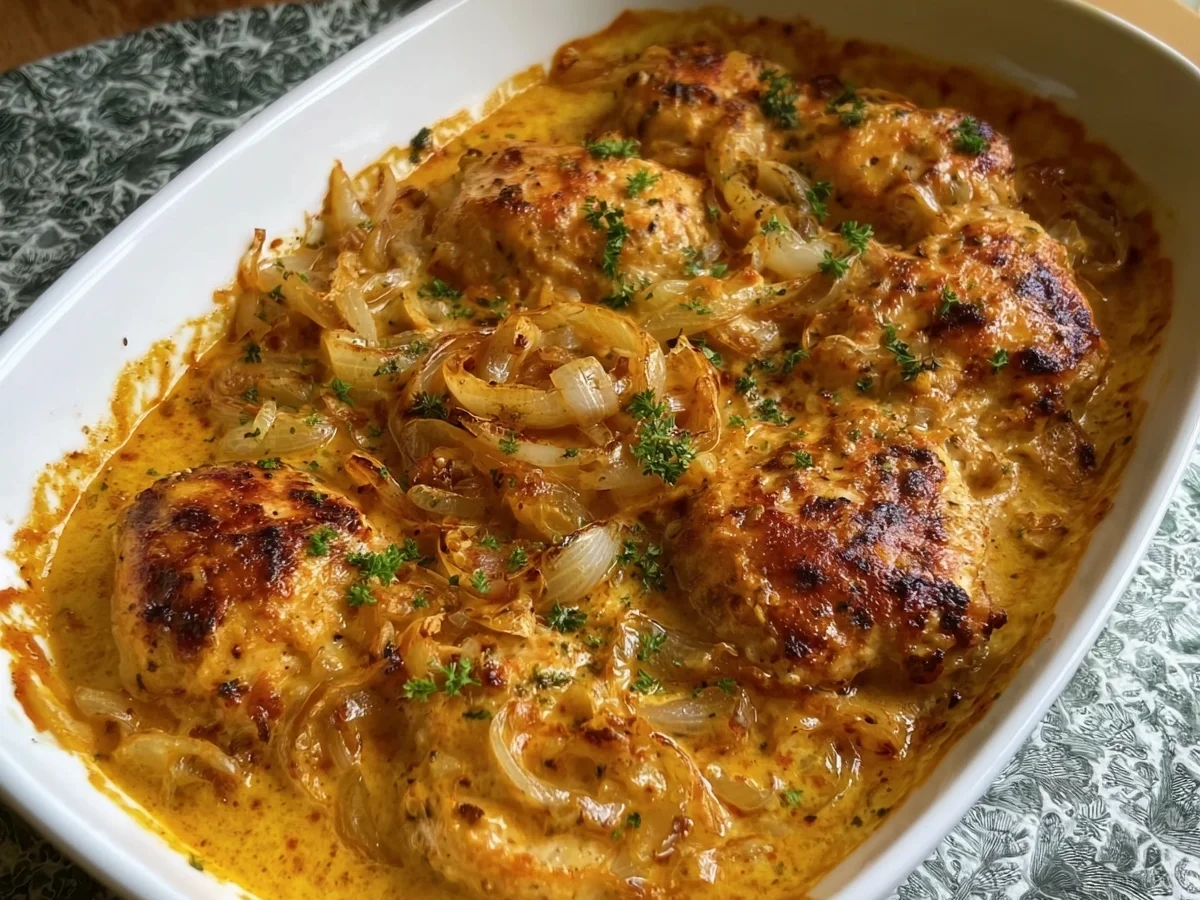 Zwiebel-Sahne-Hähnchen aus dem Ofen: Cremig & Einfach - Beitragsbild